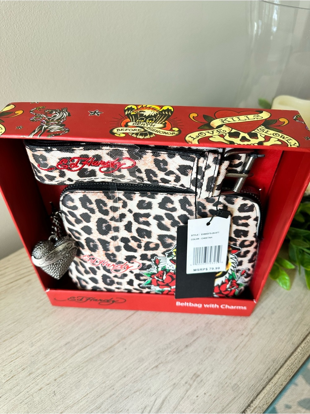 Ed Hardy Cheetah Print Belt Bag with Red Rose Tattoo Motif and charms